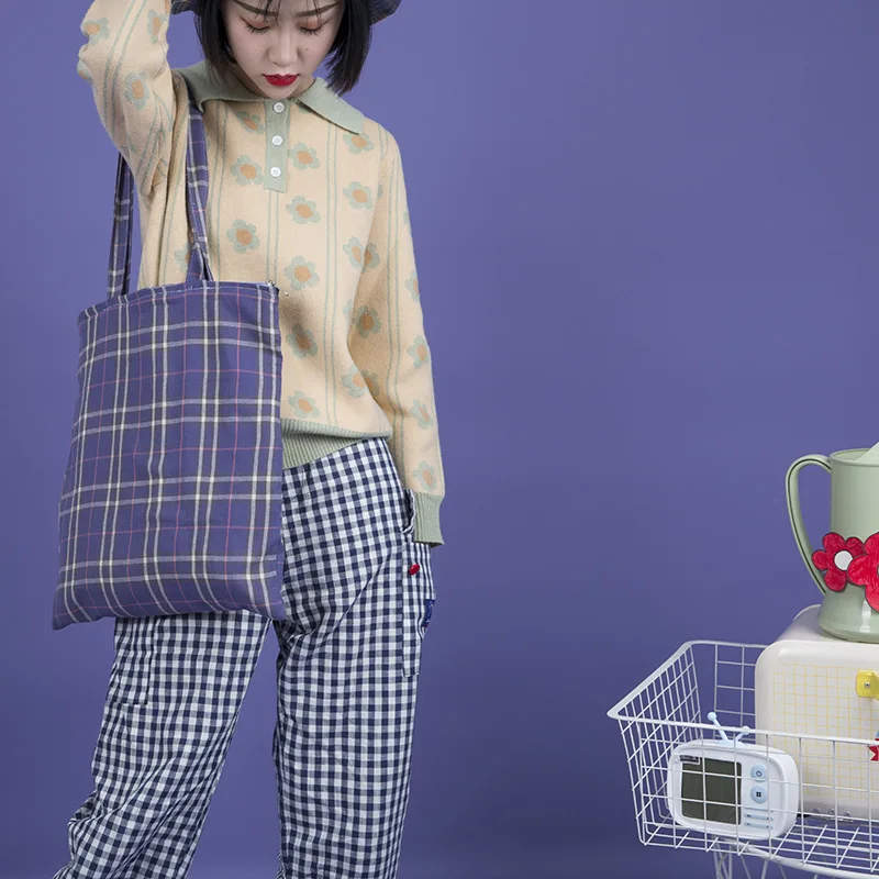 Женская Новинка Harajuku фиолетовая клетчатая Холщовая Сумка большой емкости