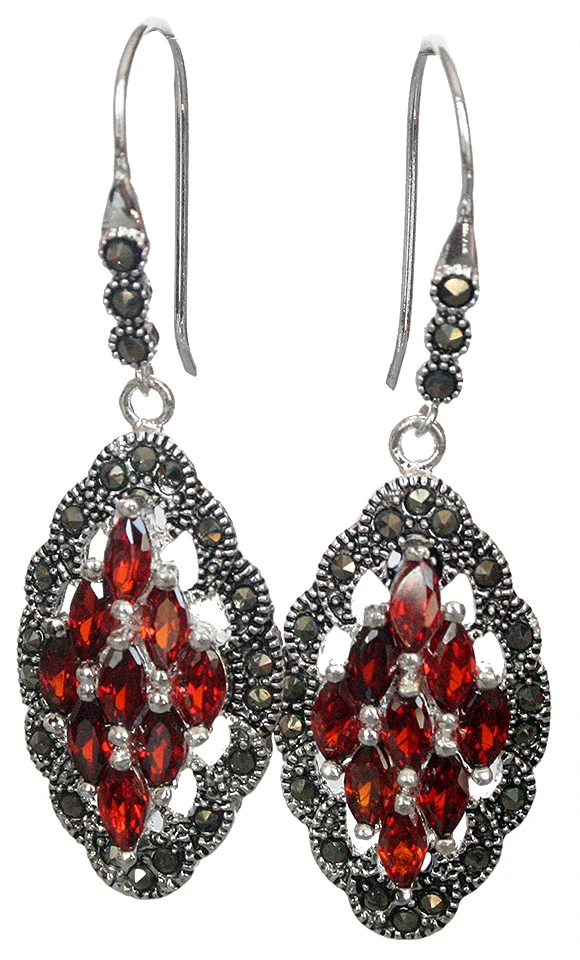 

Genuine 925 Silver Red Crystal Art Style Marcasite Earrings 2"