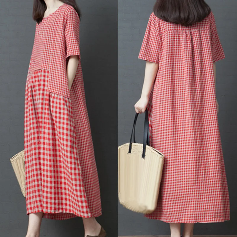 Женские свободные плюс размер удобные нерегулярные строчки плед длинное платье |