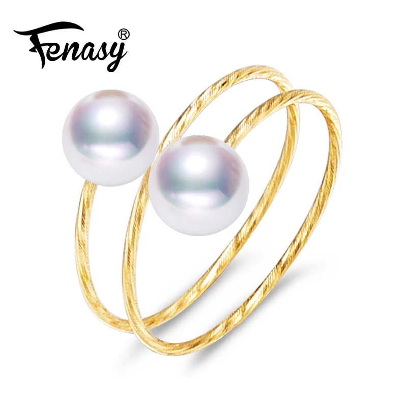 

FENASY brand 18K yellow gold ring ,6-7mm round pearl rings for women,fine pearl jewelry bridal wedding Multiple layers gold ring