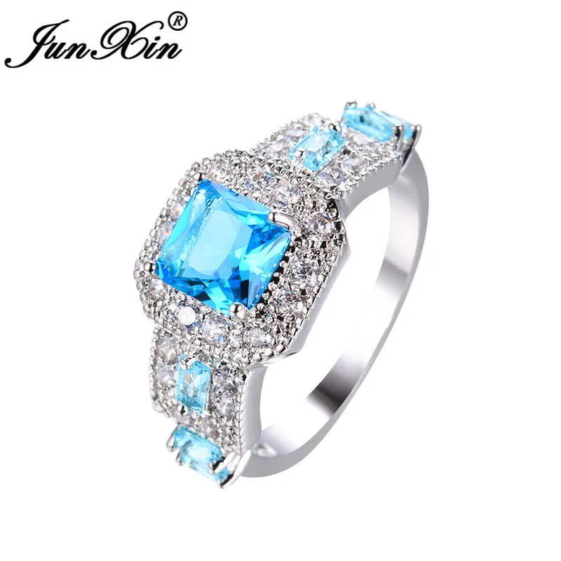 Aqua Blue Ring JUNXIN винтажные квадратные обручальные кольца для мужчин и женщин из белого золота с камнем принцессы зеленый синий черный циркон кольцо женское CZ - Цвет основного камня: Aqua Blue Ring