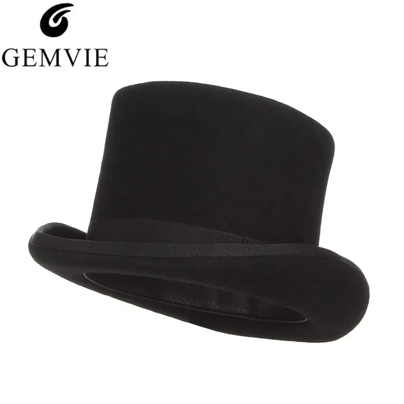 Gemvie 13,5 см Шерсть Войлок Шляпа Для мужчин фетровых для Для женщин костюм безумного Шляпника шляпа-цилиндр джентльмен Шляпа Дерби Шляпа Волшебника