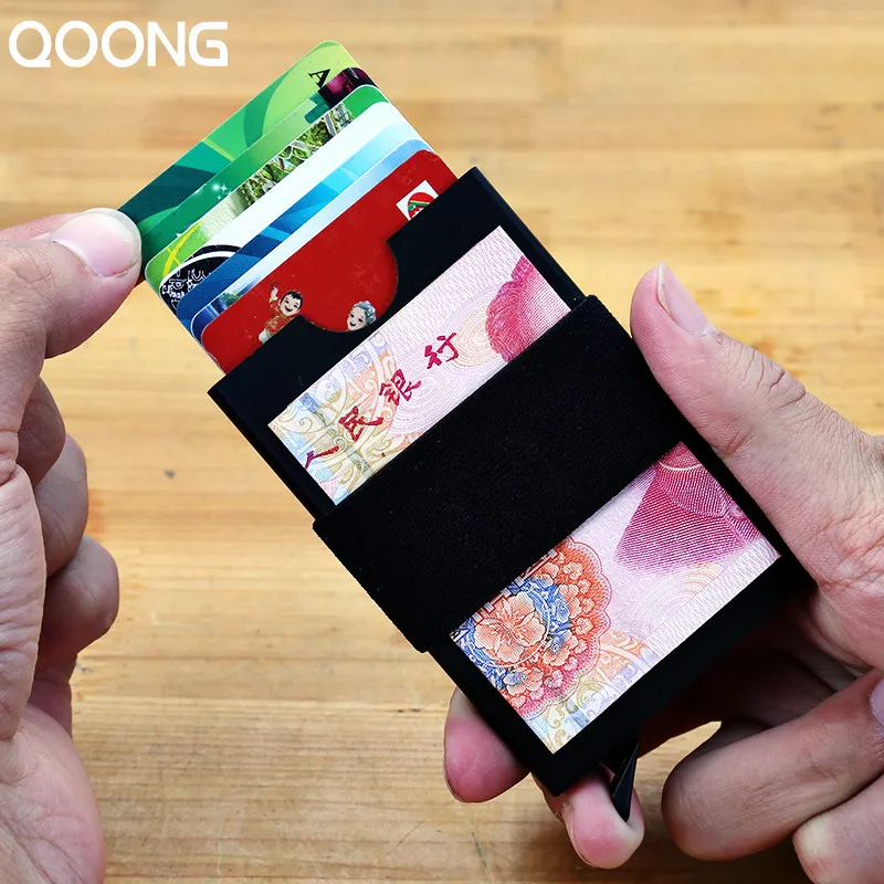 QOONG Travel Card Wallet Automatic Pop Up ID Credit Card Holder Men Women Business Card Case Rubber Band Purse Bill Clip KH1-021