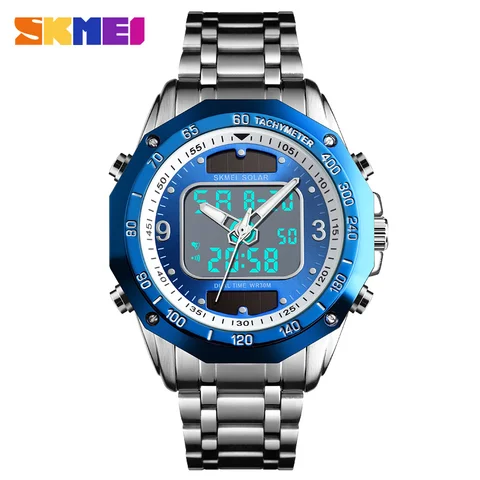 Часы наручные SKMEI Мужские кварцевые цифровые, спортивные водонепроницаемые из стали, на солнечной батарее, в стиле милитари, 2019