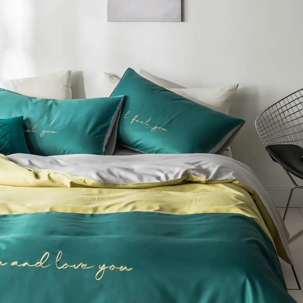 Nordic Light Green Dark INS Embroidery Bedlinens Artificial Silk Satin Duvet Cover Set Queen King Bedsheet Bedding Set