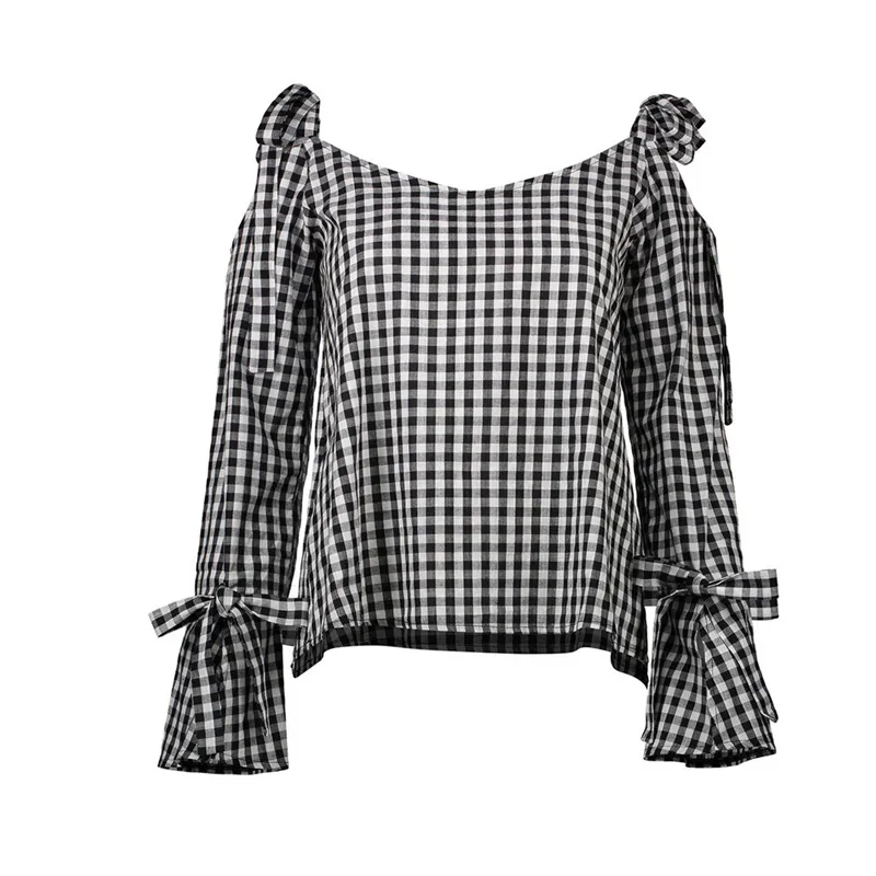 casual cold shoulder long sleeve shirt summer checkered womens tops and blouses plus size plaid shirts chemise femme haut 7511 |