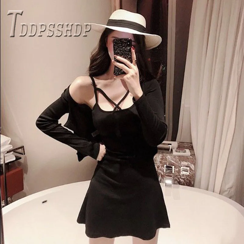 

2019 Spring Summer Women Sets Black Dress and Coat Female Sets