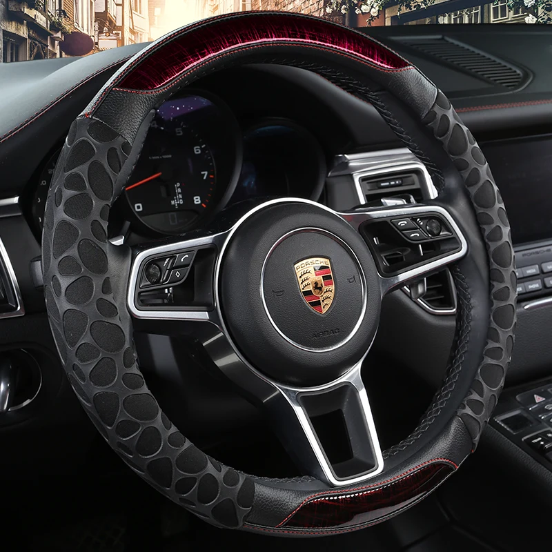 

Carbon Fiber Cowhide Car Steering Wheel Cover 38CM Non-slip Wear-resistant Sweat Absorbing Fashion Sports Steering Wheel Cover