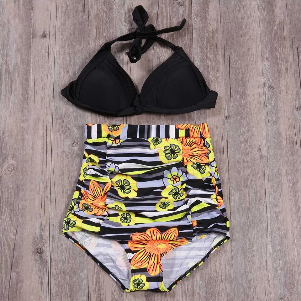 SUNRAINBOW 2019 Bikini Set New High Waist Push Up Swimsuit Bikinis Women Solid Print Swimwear Vintage Retro Halter Bathing Suit |