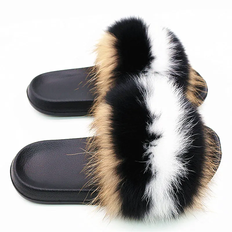Шлепанцы из меха енота для мужчин и женщин роскошные пушистые сандалии дома
