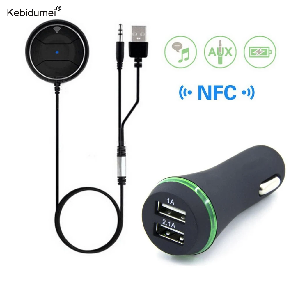 

Kebidumei JRBC01 NFC Handsfree Bluetooth Car Kit MP3 A2DP 3.5mm AUX Audio Music Receiver Adapter with 3.1A Dual USB Car Charger