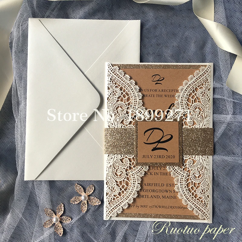Ivory Lace Laser Cut Wedding Invitations With rose gold gillter ribbon/backgroud Rectangle Wedding Die Cut Laser Cut Traditional