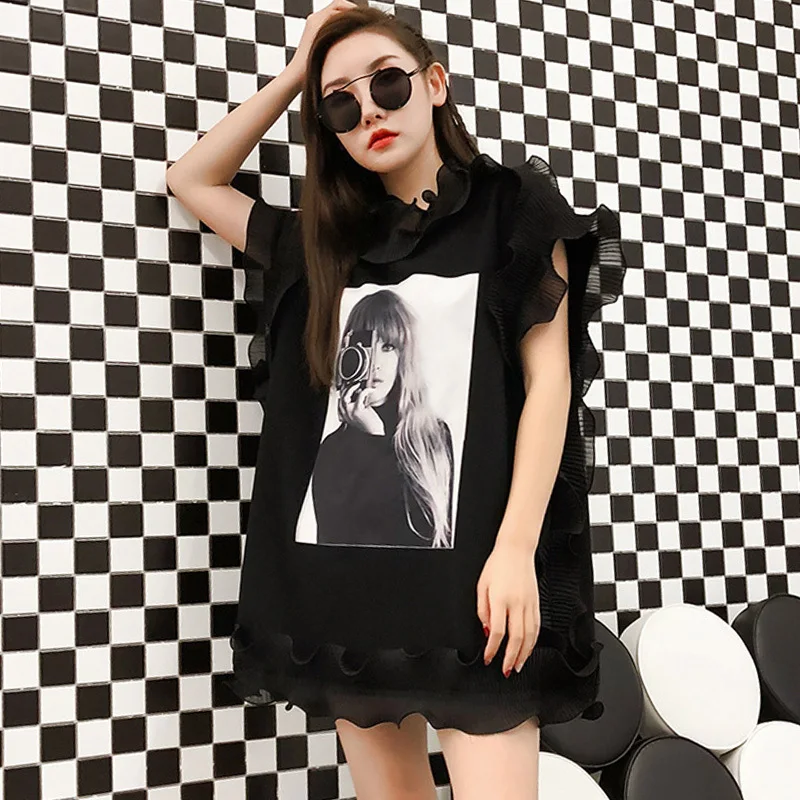 TWOTWINSTYLE футболка с принтом женская оборками в стиле пэчворк со стоячим воротником