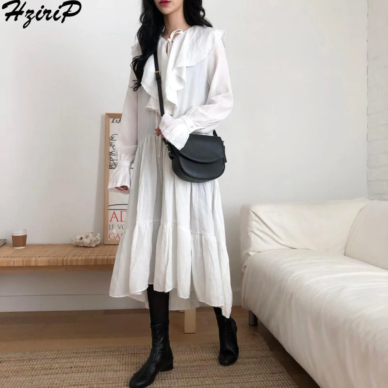 HziriP Women Sweet Dress 2019 New Spring Autumn Elegant Vintage Slim Ruffled Collar Long Sleeve Solid Color Preppy Style Dresses | Женская