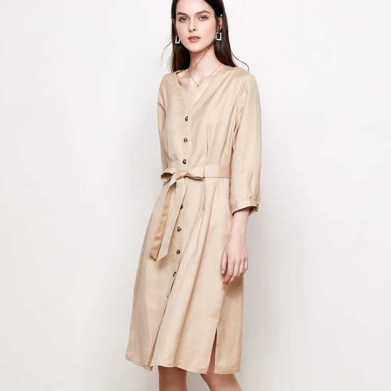 Платье женское ТРАПЕЦИЕВИДНОЕ из шелка и льна с V образным вырезом поясом|print