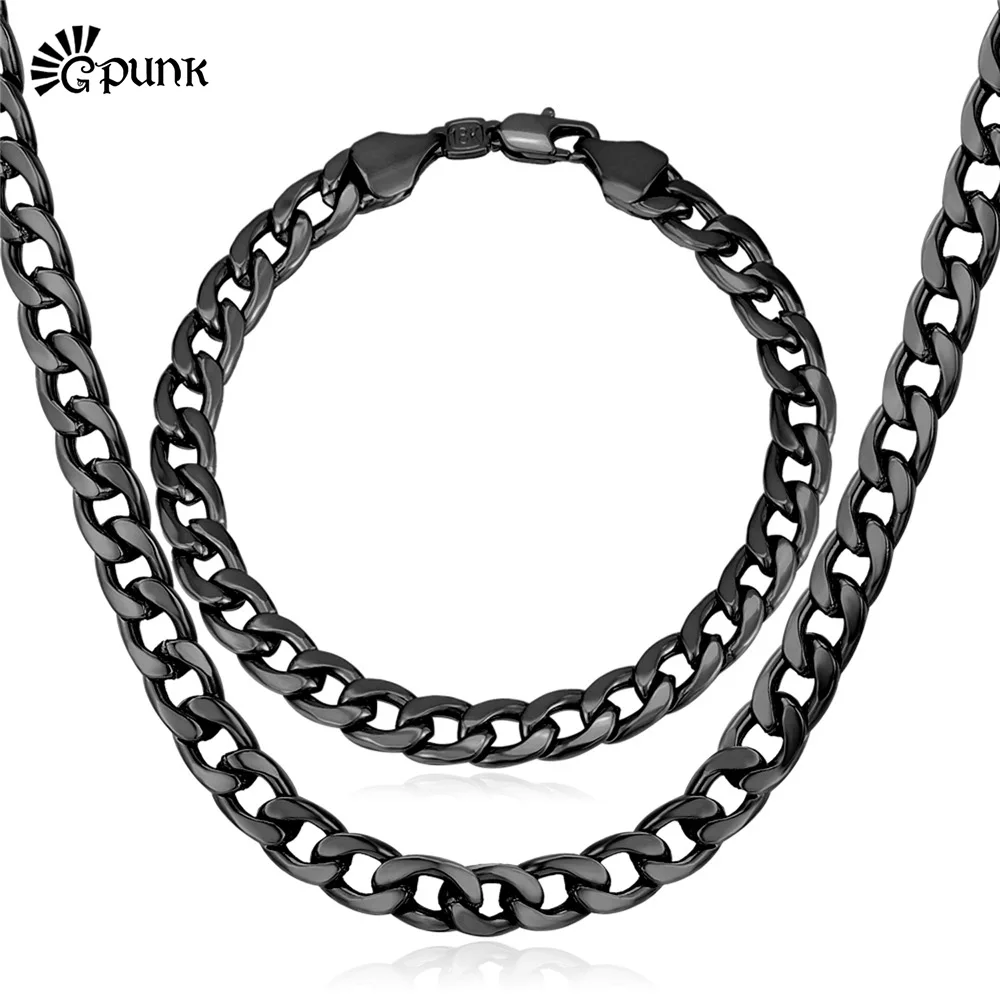 Черный бордюр кубинская цепь ожерелье браслет комплект ювелирных изделий для мужчин 6 мм Длина варианты