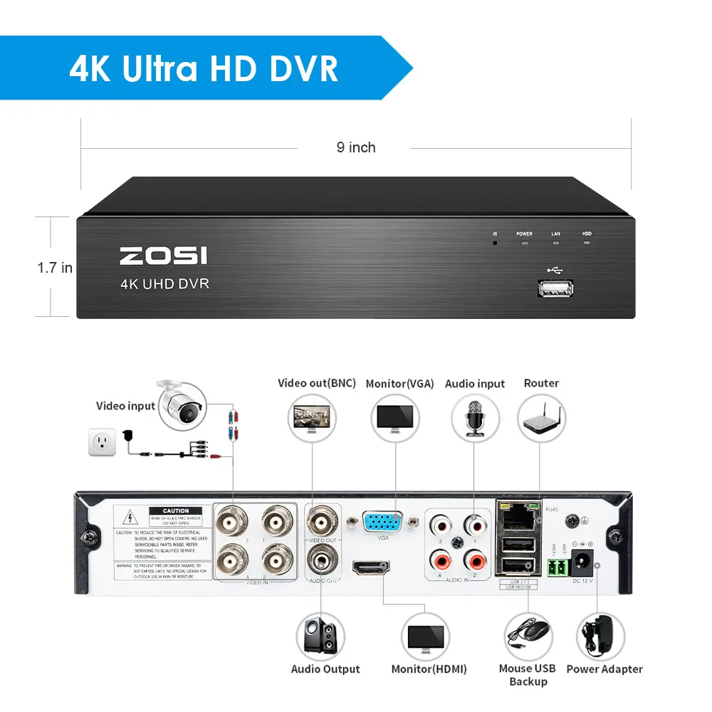 ZOSI 4K Ultra HD система видеонаблюдения 4 канала H.265 + видео Dvr с 2 ТБ HDD и 4x4 K (8MP) Ip67