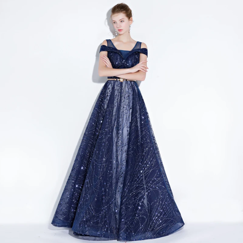 Женское блестящее платье SSYFashion официальное синее с блестками индивидуальный