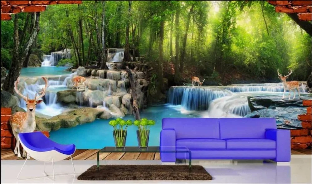 

Custom mural photo 3d wallpaper Forest waterfall elk room decoration painting 3d wall murals wallpaper for walls 3 d