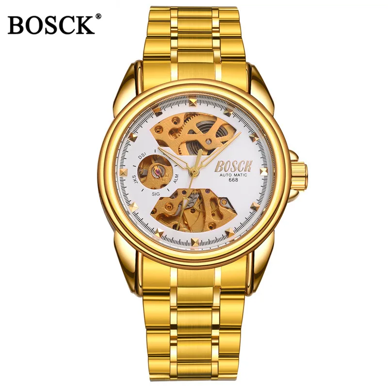 Gold white Бренд Bosck, роскошные механические мужские часы, автоматические золотые мужские часы со скелетом, водонепроницаемые часы с автоматическим заводом из нержавеющей стали, Hombre - Цвет: Gold white