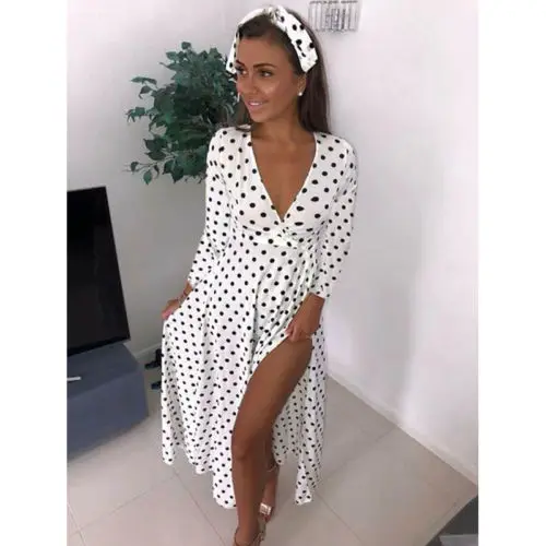 Женское длинное платье в горошек Boho вечернее с длинным рукавом и треугольным