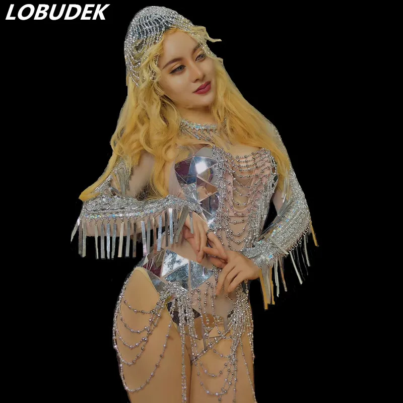 

Серебряные блестки Zentai боди головной убор сексуальный комбинезон с открытой спиной взрослый женский ночной клуб бар певец DS костюм для выс...