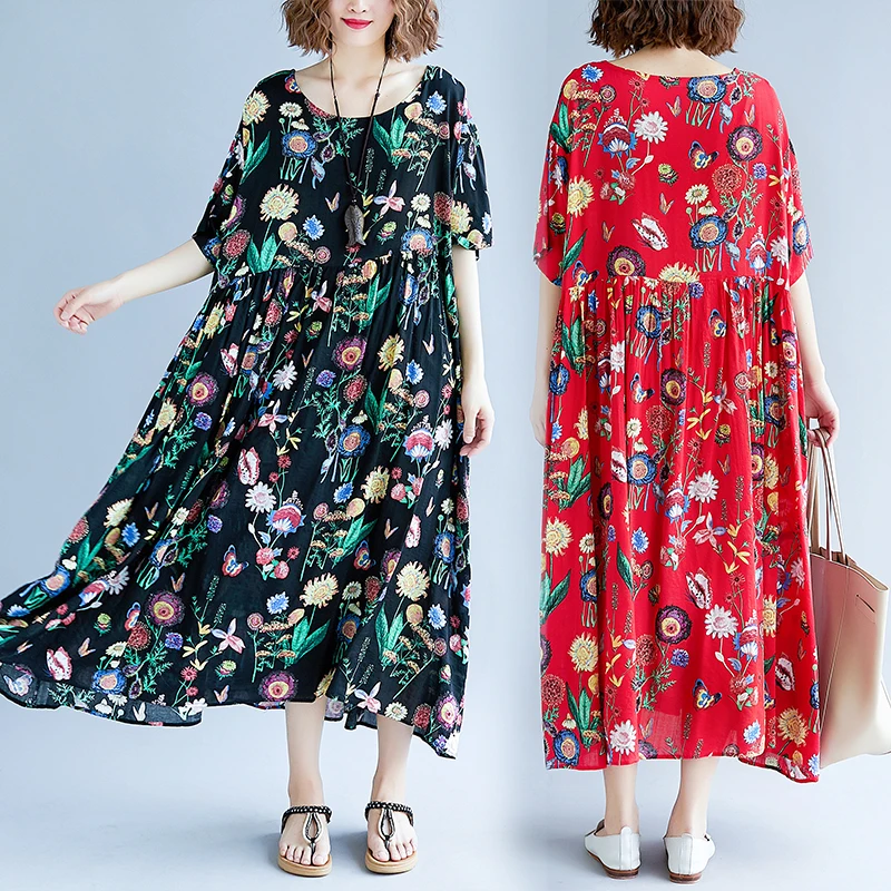 Uego Holiday Beach Casual Dress Thin Soft Cotton Linen Print Floral Plus Size 5XL 6XL Loose Summer Women Long Maxi | Женская одежда