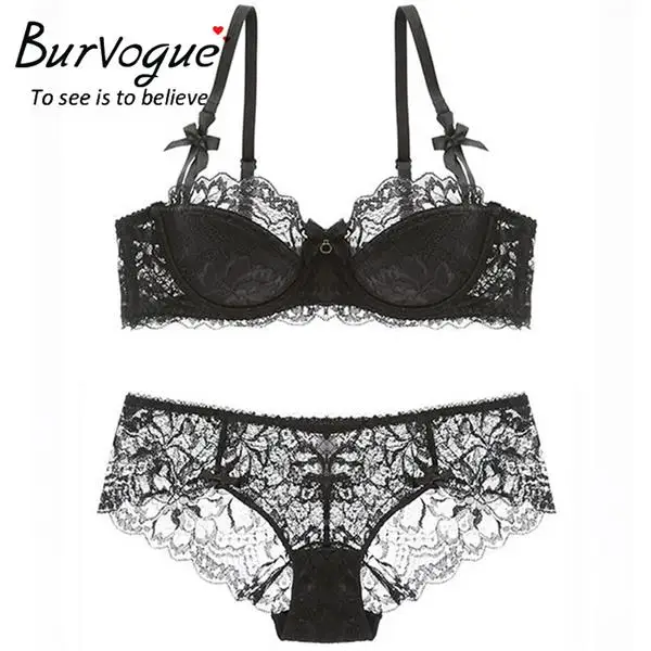 Burvogue, сексуальный комплект с бюстгальтером размера плюс, бюстгальтер пуш-ап и трусики, комплект из тонкого хлопкового кружевного бюстгальтера, комплект нижнего белья, женские бюстгальтеры и комплекты нижнего белья - Цвет: Black