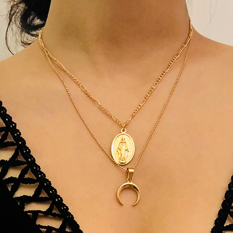 Ожерелье SRCOI в винтажном стиле Двухслойное колье бохо с изображением девы Марии