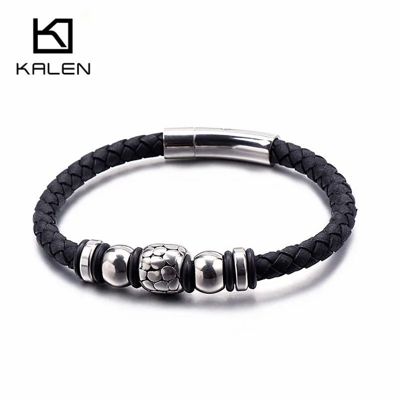 KALEN Boho Genuine Braied Leather Wrap Bracelet Men 21.5cm Stainless Steel Gold Black Beads Charm Wristband Male Jewelry | Украшения и