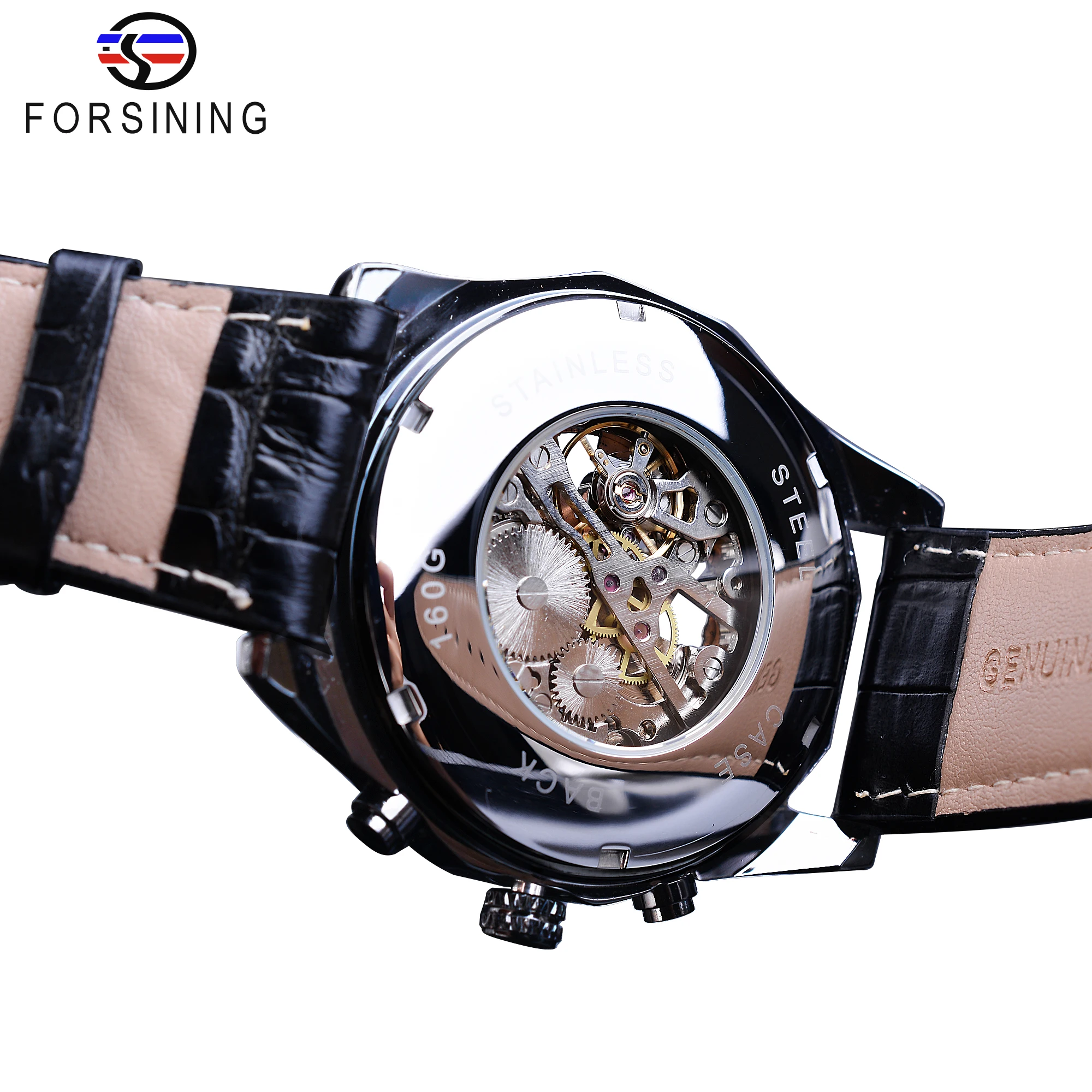 Forsining Мужские механические часы полые черные наручные из натуральной кожи