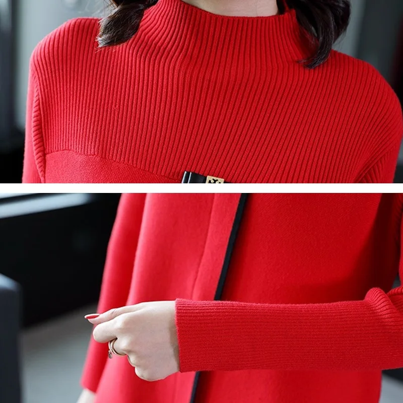 Женское трикотажное платье пуловер свободное средней длины с высоким воротником