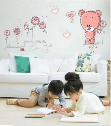 Милый мультяшный Мишка Тедди Цветок Наклейка на стену для маленьких девочек