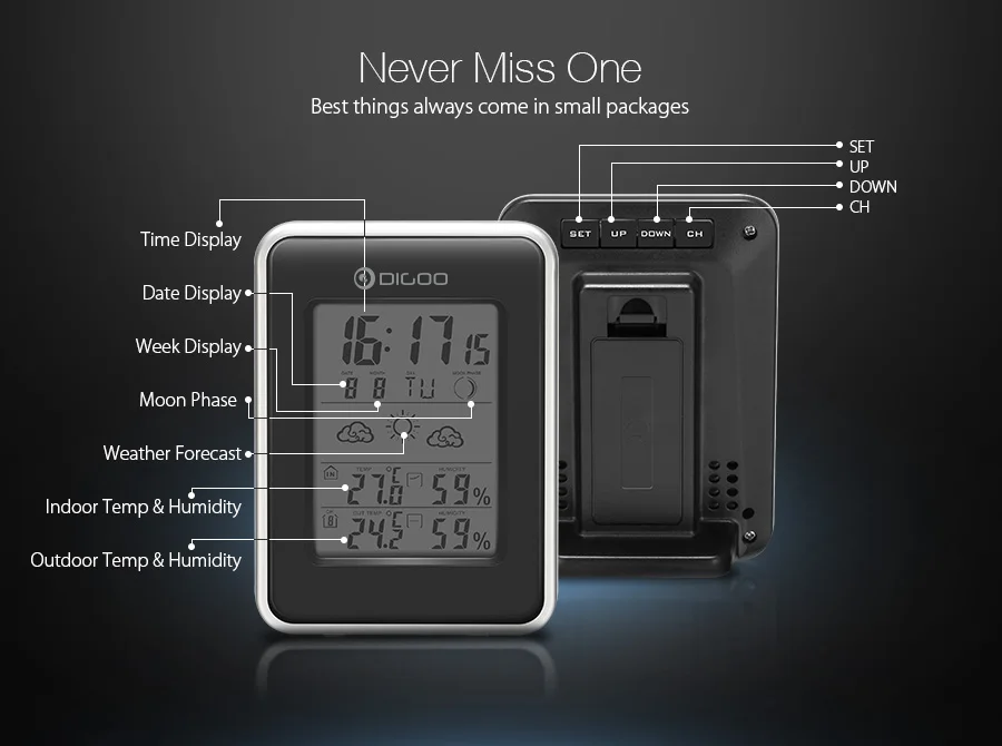 Digoo DG-TH1981 Погодная станция с синей подсветкой цифровой LCD гигрометр термометр Прогноз погоды Сенсор часы