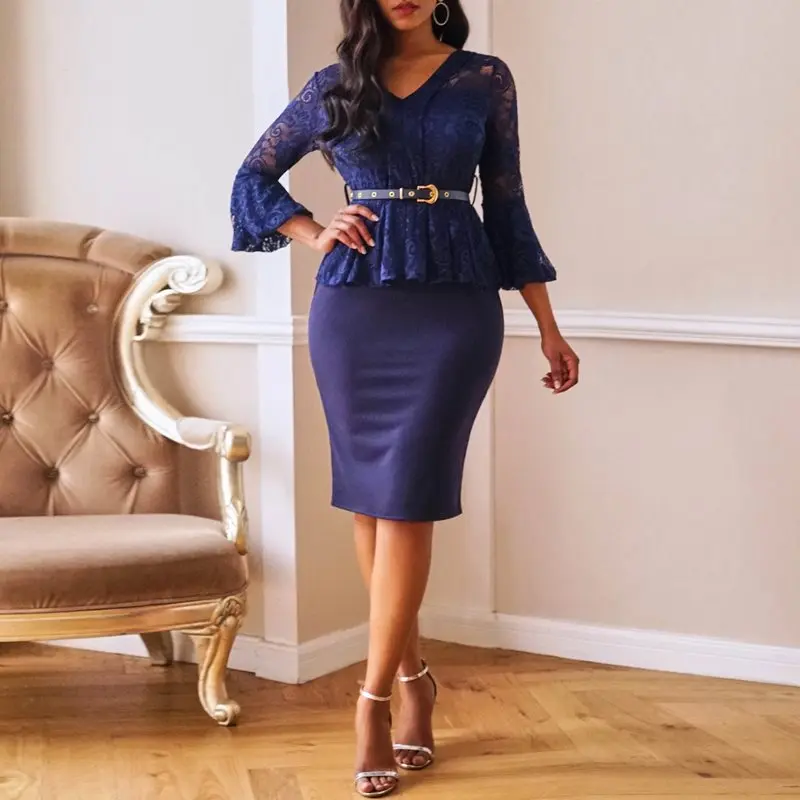 Party Sexy Elegant OL Lady Women Pencil Dresses Bodycon High Waist Lace Hollow Mesh Vintage Female Fashion Blue Retro Dress | Женская