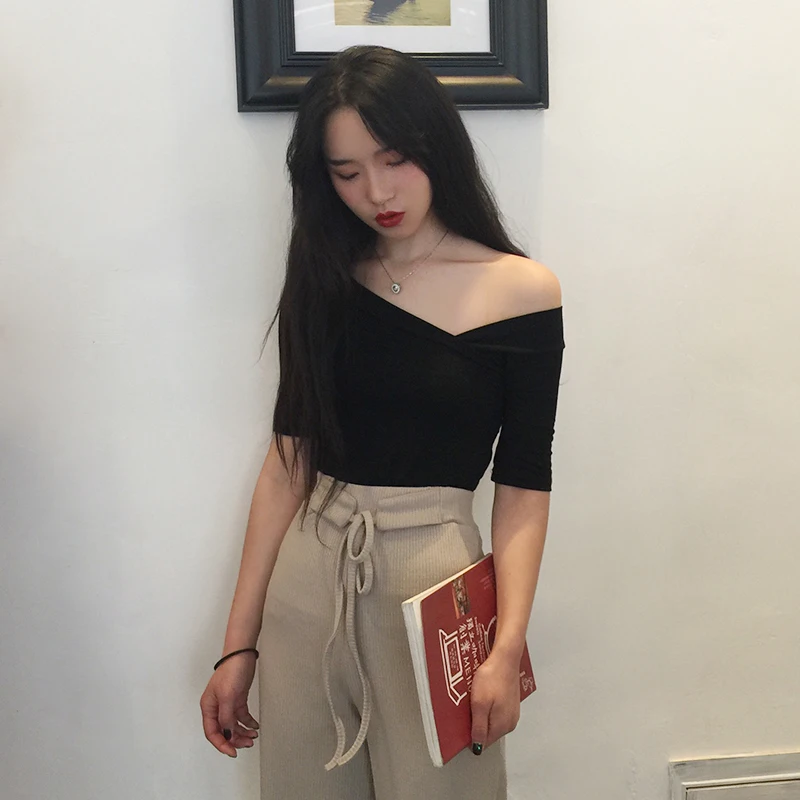 Женские футболки топы японские Kawaii для девушек Ulzzang косой вырез без бретелек