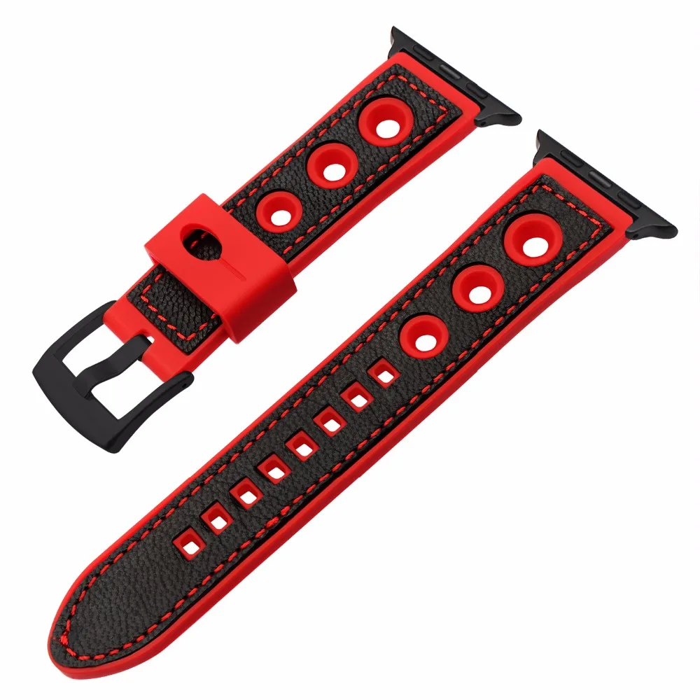 Genuine Leather &amp Silicone Watchband for iWatch Apple Watch 38mm 40mm 42mm 44mm Series 5 4 3 2 1 Rubber Band Steel Clasp Strap | Наручные