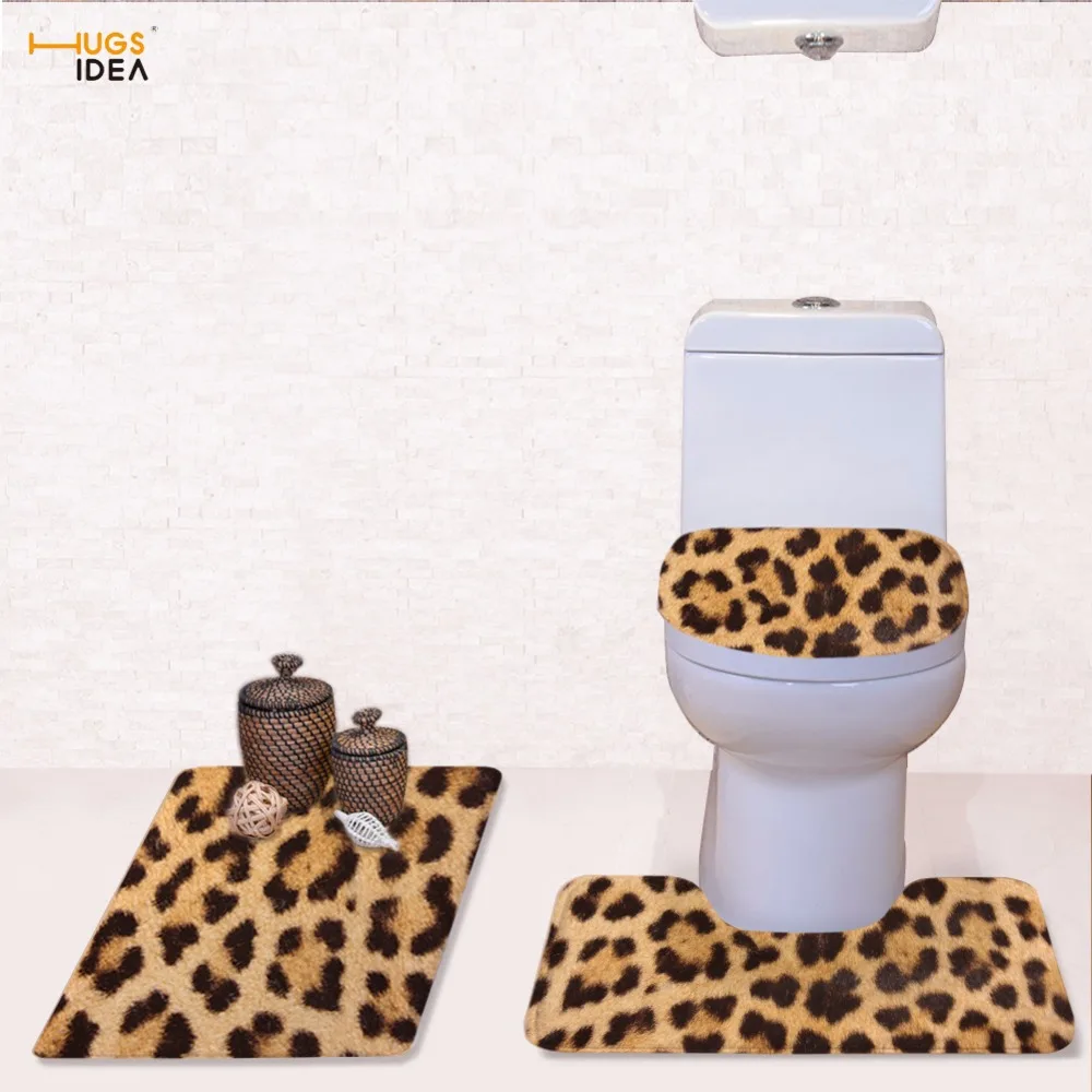 

HUGSIDEA 3PCS Winter Toilet Seat Covers Soft Warmer Washable Bathroom Foot Rugs Leopard Toilet Lid Cover Toilet Accessories Sets
