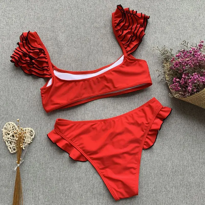 

ZOGAA Sexy Two Piece Bikini Set Tiered Ruffles Patchwork Shoulder Straps Deep Scoop Neck Bra Low Waist Solid Thong Sweet