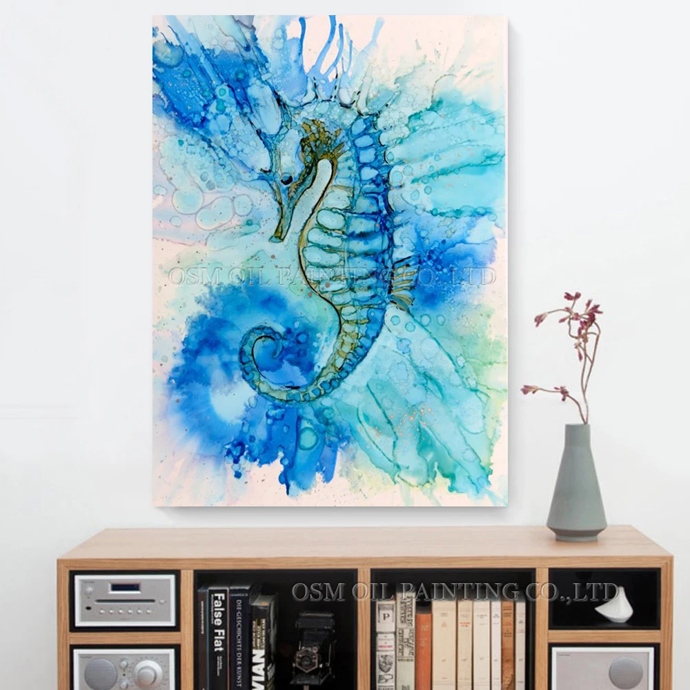 Artist Design Fresh Colors Blue Animal Sea Horse Oil Painting on Canvas Handmade Abstract for Living Room | Дом и сад