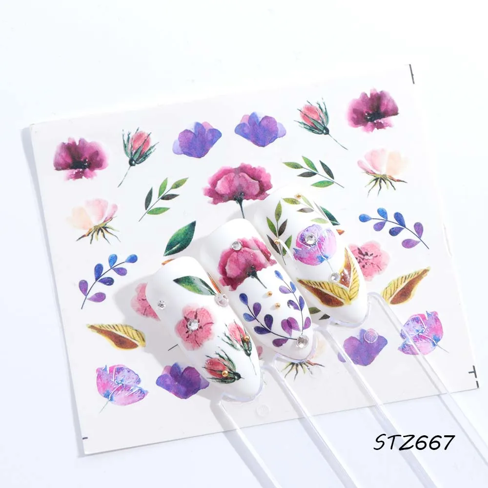 STZ667 1 PCS Charming Watermark Nail Art Stickers Colorful Floral Pattern Nail Slider Holographic Stickers For Nail Decors LASTZ665-668 - Цвет: STZ667