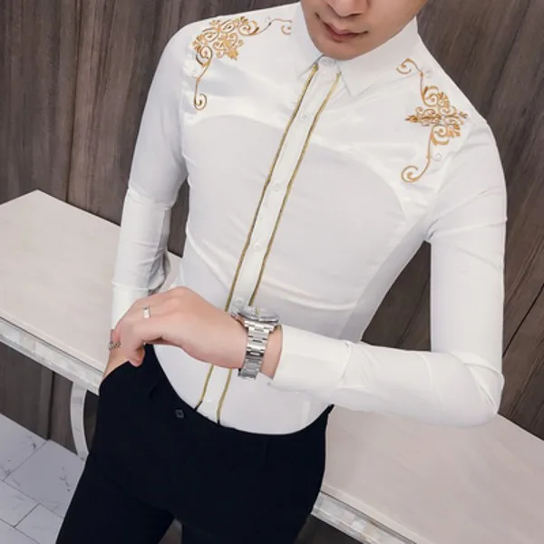 Белый Chemise homme manche longue Весна новая рубашка мужская приталенная винтажная вышивка повседневные мужские рубашки ночной клуб Выпускной смокинг 3xl - Цвет: Белый