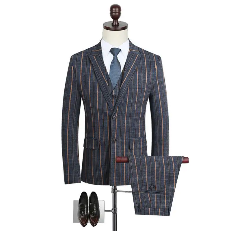 Men's British Gentleman Slim Striped Suit / Groom Groomsmen Dress Business Casual Three-piece Suit((Jacket+Vest+Pants)) | Мужская