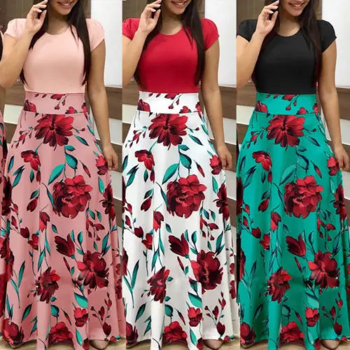 

Women Summer Boho Casual Long Party Skirt Ladies Clothes Floral Printed Beach Holiday Sundress