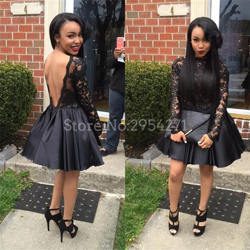 Черное платье для выпускного вечера короткое Кружевное коктейльное с открытой