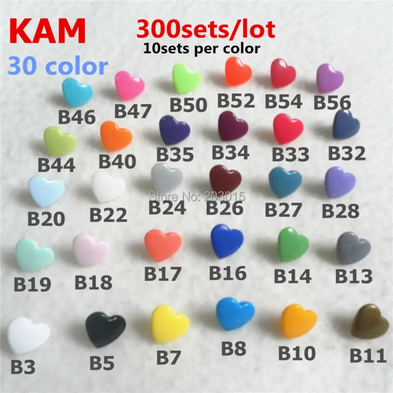 

( 30 color ) 300sets T5 Size 20 Heart Shape Original Glossy KAM Brand Plastic Snap Button Snaps Fastener