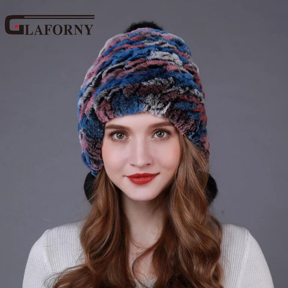 Glaforny 2017 вязаные шапки из меха кролика рекс с защитой для ушей женские теплые