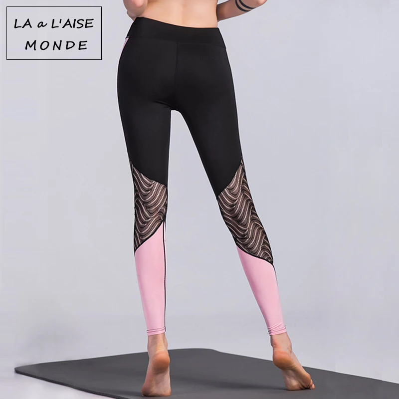 Сексуальные черные кружевные лоскутные спортивные Леггинсы для женщин одежда