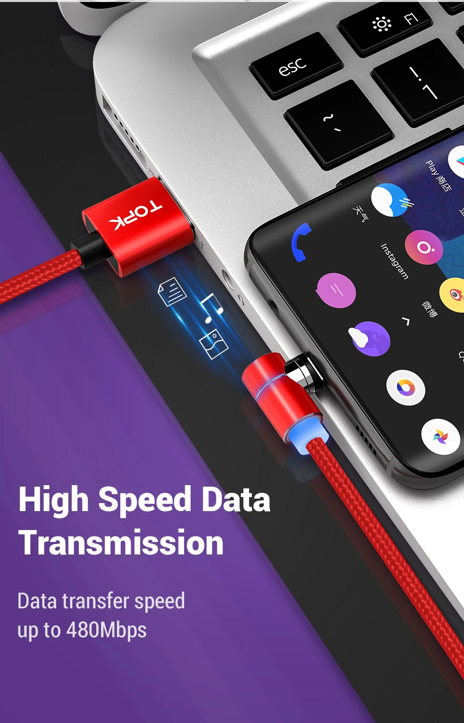 TOPK 3A Магнитный USB кабель 90 градусов Micro USB кабель Быстрая зарядка usb type C кабель для iPhone samsung Xiaomi huawei USB-C