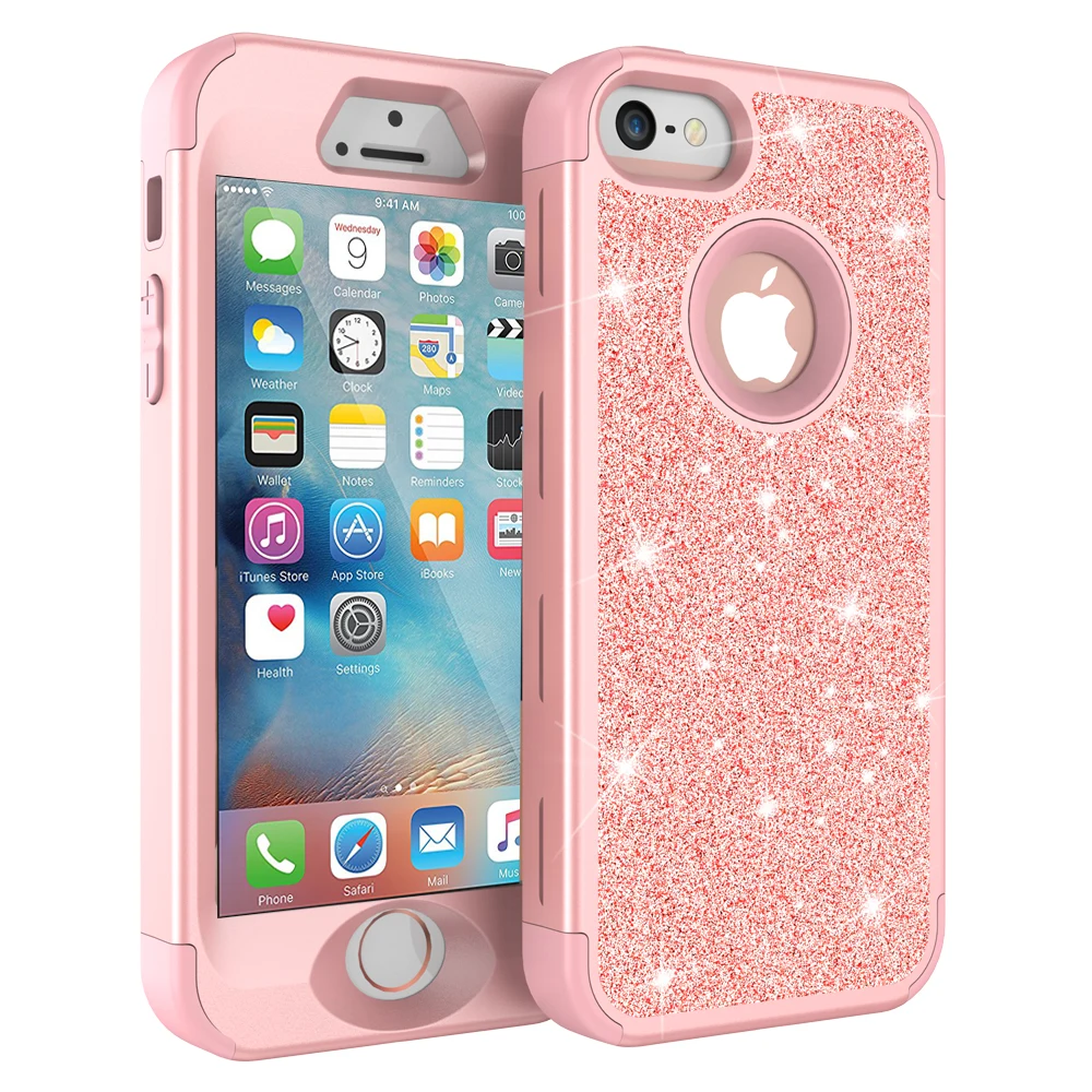 

Case For iPhone 5 5S Luxury Bling Armor Shockproof Glitter Sparkle Cover Soft Silicon PC Hybrid Protect Phone Case for iPhone SE